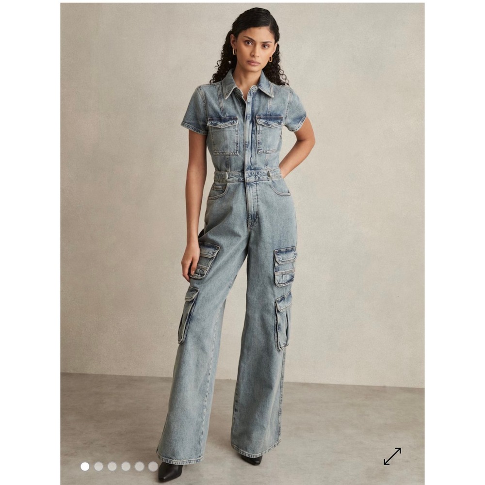 Good American Cargo Denim Jumpsuit Blue Wide Leg Utility Women L Utility Rugged